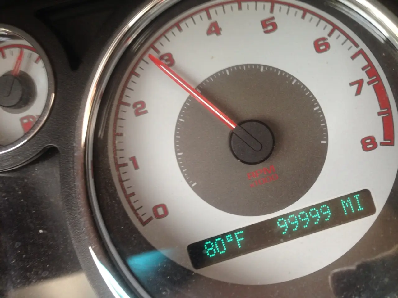 In this picture we can see a vehicle's tachometer and fuel gauge, we can also see a digital...